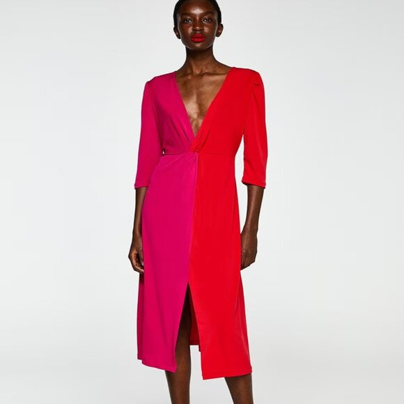 Sfera Collection Two-Tone Fuchsia Pink & Red Midi Dress Size Medium - Picture 1 of 14